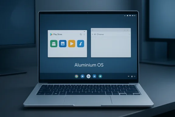 A laptop displays Aluminium OS with two app windows (Play Store and Chrome) on screen.