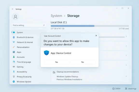 Windows-like system settings with a User Account Control dialog for App: Device Control.