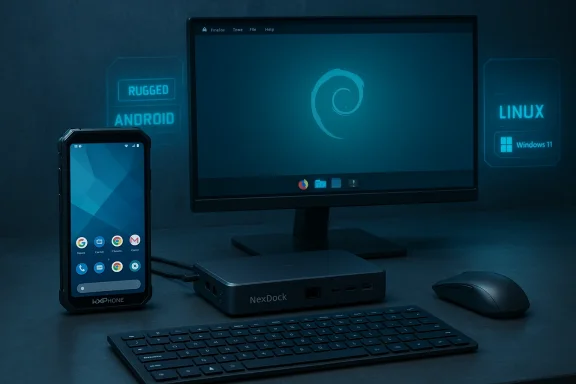 Blue-toned desk setup featuring a rugged Android phone, NexDock mini PC, monitor, keyboard and mouse.