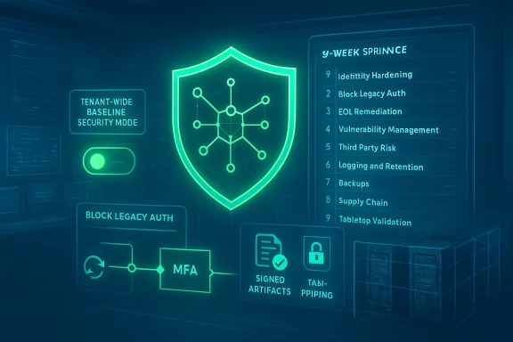 Neon-green security dashboard displaying a shield icon and policy panels.