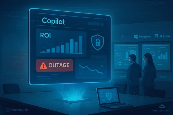 A team reviews a Copilot dashboard with ROI charts and an outage alert in a security ops room.
