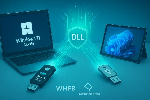 Windows 11 ARM64 devices connect through a glowing DLL security shield.
