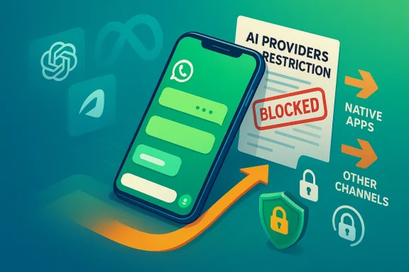 Phone screen shows a chat app amid AI provider restrictions with a BLOCKED stamp.