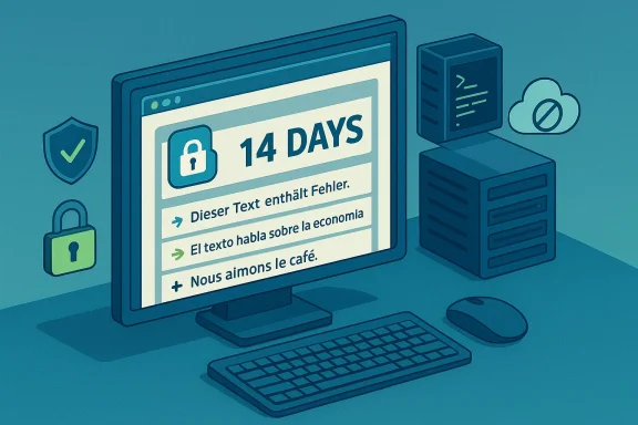 A computer monitor shows a 14-day ransomware note in several languages.