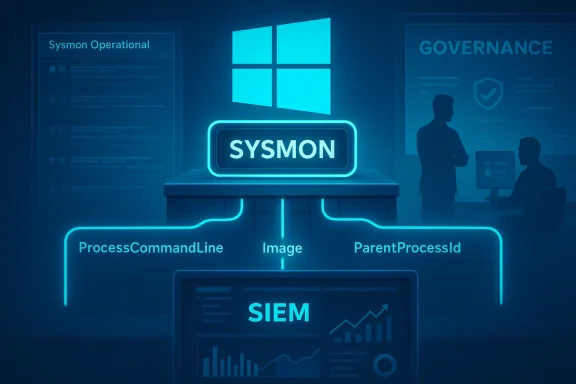 Neon blue Sysmon-to-SIEM data-flow diagram showing ProcessCommandLine, Image, and ParentProcessId.