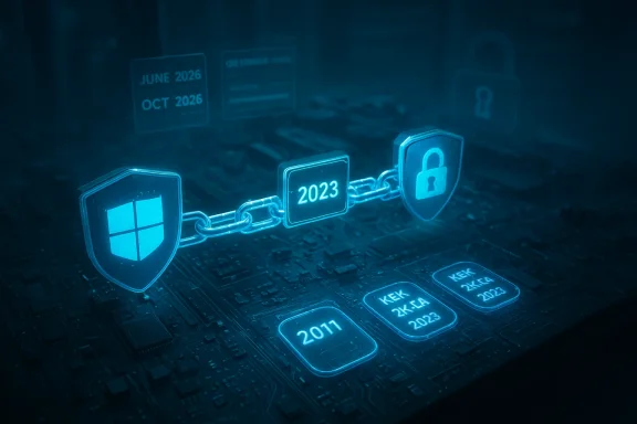 A glowing blue cybersecurity chain with shield icons and year badges on a circuit board.