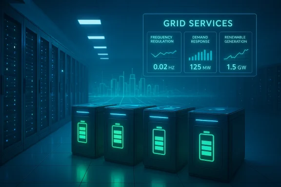 Futuristic data center with glowing battery pods and a holographic Grid Services dashboard.