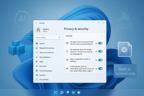 Windows 11 Settings window showing Privacy & security options with toggle switches.