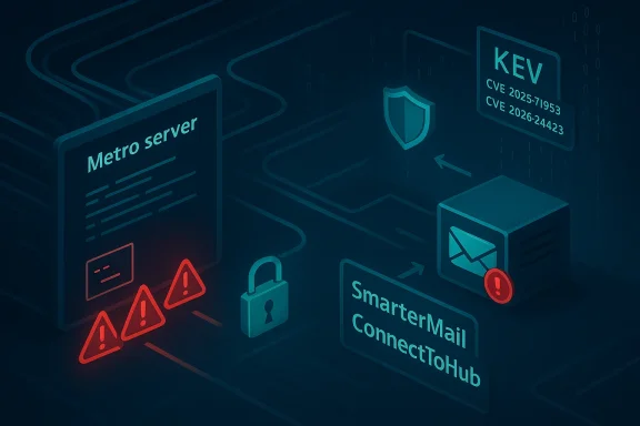 Cybersecurity illustration showing a Metro server with a shield, lock, and red warning icons.