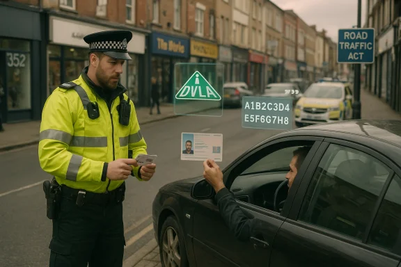 A traffic officer in a high-visibility jacket checks a driver's documents at a roadside stop.