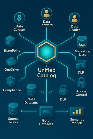 Unified Catalog serves as the central hub linking data sources, governance roles, and analytics tools.