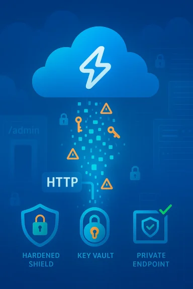 Blue cloud security illustration showing Key Vault, Hardened Shield, and Private Endpoint guarding HTTP.