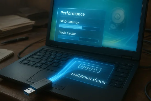 Laptop shows holographic performance panels as a USB drive enables ReadyBoost/Flash Cache.