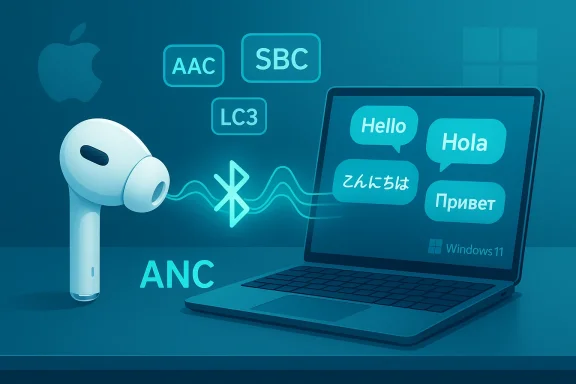 Bluetooth earbuds connect to a Windows laptop, displaying codecs (AAC, SBC, LC3) and multilingual greetings.