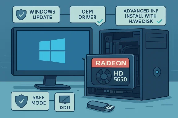 An illustrated PC setup with a Radeon HD 5650 GPU and driver-installation steps (Windows Update, OEM driver, Have Disk).