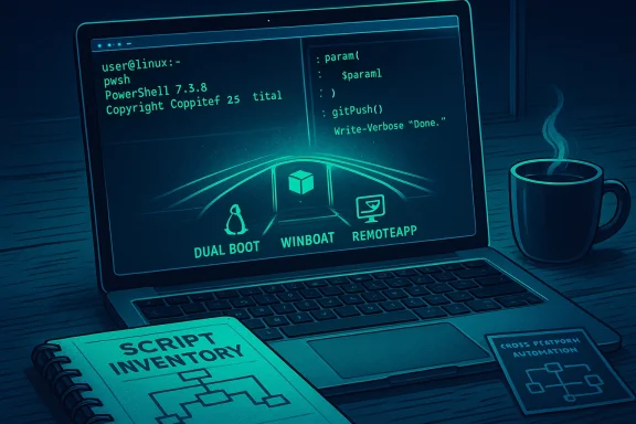 A laptop screen shows code and Linux prompts with dual-boot and remote app icons beside a notebook and mug.