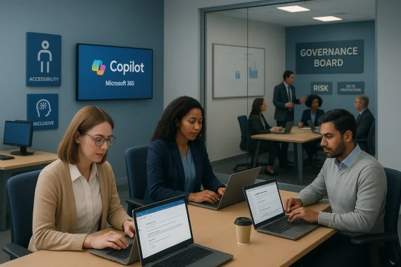 Professionals work on laptops around a conference table, with a governance board meeting visible in the background.