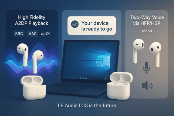 Promotional image for LE Audio LC3: wireless earbuds, PC, and ready-to-go A2DP with two-way voice.