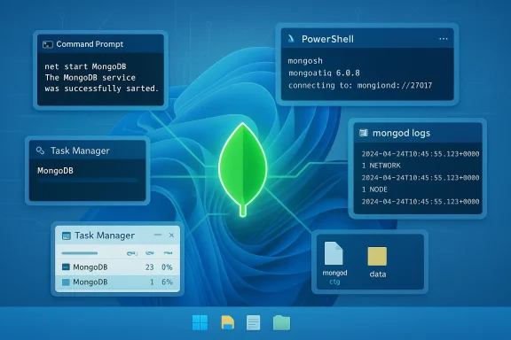 A futuristic dashboard featuring MongoDB windows and a glowing green leaf logo at center.