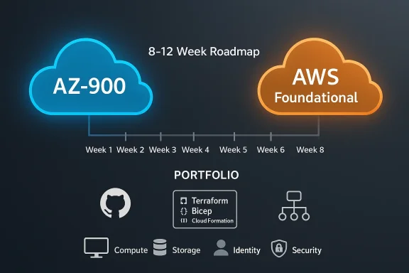 8-12 week roadmap from AZ-900 (Azure) to AWS Foundational, with portfolio icons.
