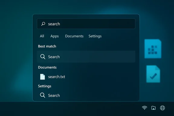 Windows-style search window with tabs and a search.txt file on a teal desktop.