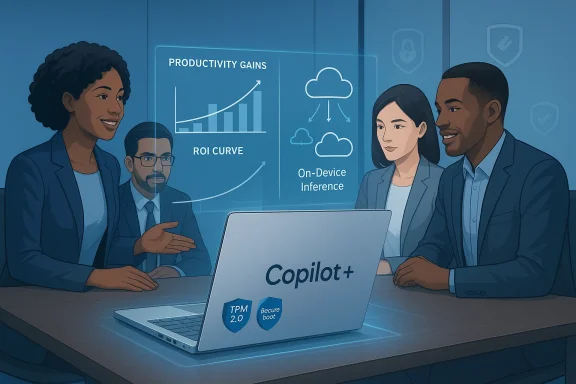 A diverse team collaborates around a Copilot+ laptop, reviewing productivity gains and on-device inference.