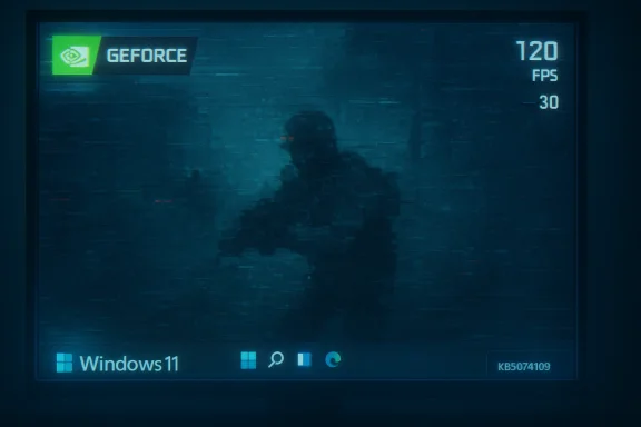 A dark screen shows a shadowy figure with the GeForce logo and a Windows 11 taskbar.