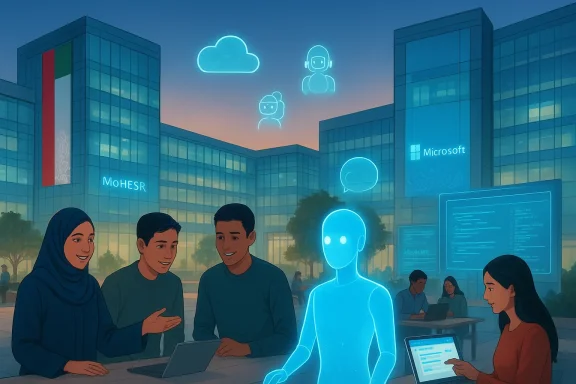 Students work with a glowing holographic AI on a futuristic campus at dusk.