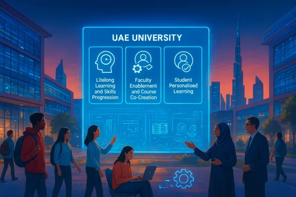A futuristic UAE University holographic display highlighting lifelong learning, faculty enablement, and student personalized learning.