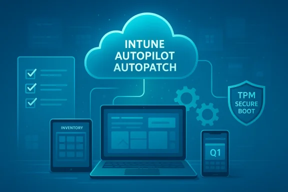Cloud-based Intune Autopilot Autopatch for automated device management and security.