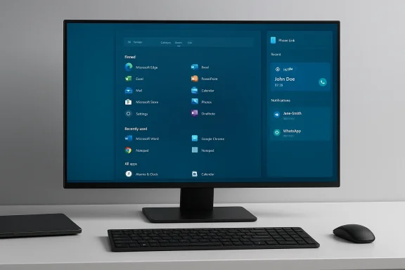 A widescreen monitor on a desk displays a blue Windows-like dashboard with app icons and a phone-link panel.