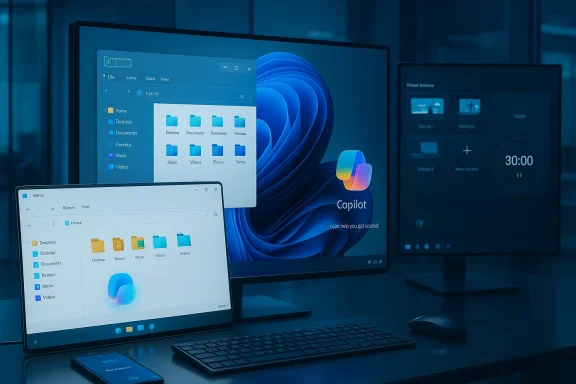 Modern desk setup with a large monitor displaying Copilot UI, plus a laptop, tablet, keyboard and mouse.