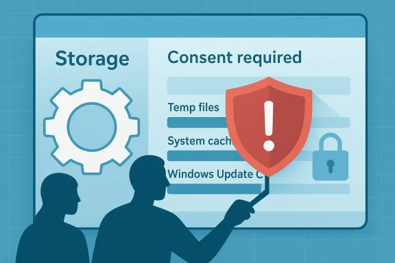 Two people present a screen about storage and consent, featuring a gear, shield, and lock icons.