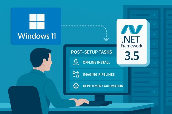A person at a computer handling post-setup tasks for Windows 11 and .NET Framework 3.5.
