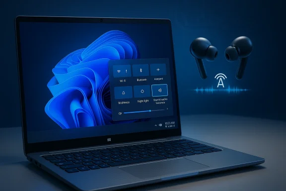 A sleek laptop shows a floating quick-settings panel beside wireless earbuds.