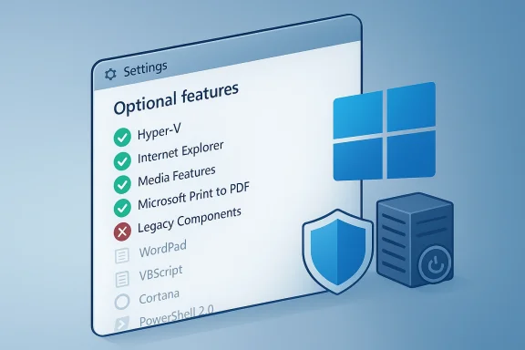 A settings window listing optional Windows features with green check marks.