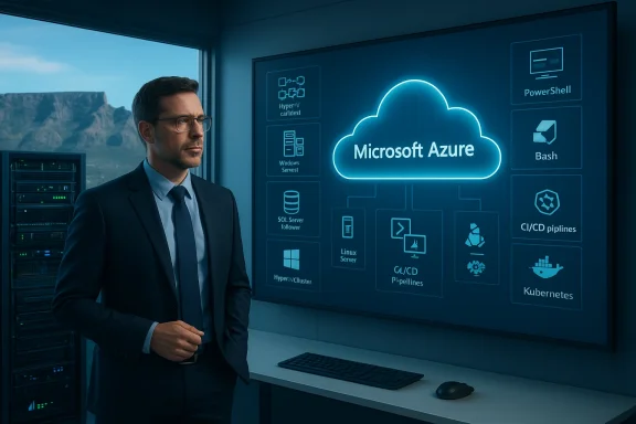 IT professional in a suit studies a Microsoft Azure cloud diagram on a large screen.