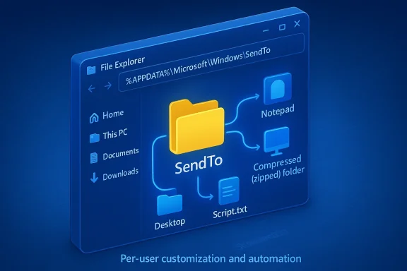 Blue 3D diagram of Windows File Explorer highlighting the SendTo folder for per-user automation.