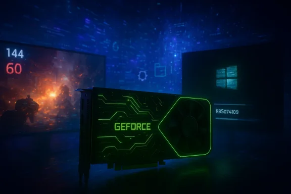 A neon-green GeForce graphics card glows in a dark, futuristic setup with screens.