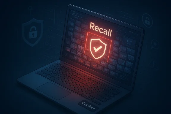 Laptop screen displays a glowing shield with a checkmark and the word 'Recall'.