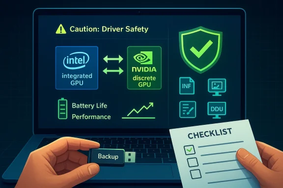 Laptop shows a driver-safety infographic comparing Intel integrated GPU and NVIDIA discrete GPU, with backup and a checklist.