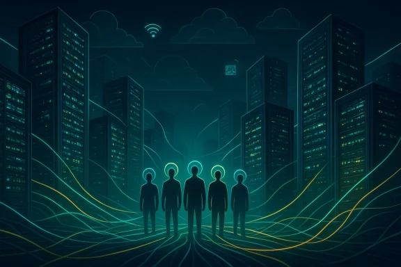 Five silhouetted figures with neon halos stand in a futuristic city as glowing data lines weave through the skyline.