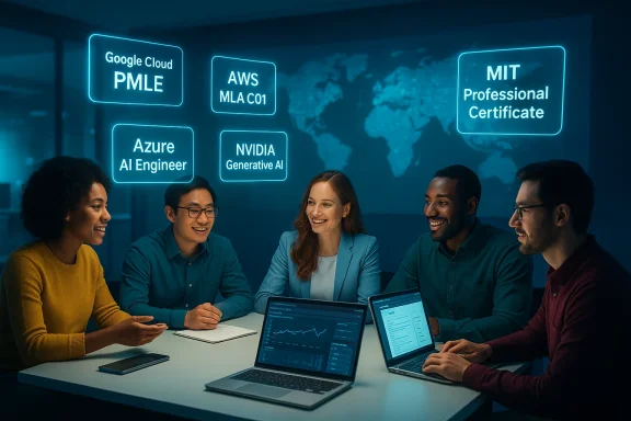 A diverse team of five collaborates around a table with laptops, under neon cloud/AI certification signs.