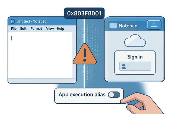 Split-screen Notepad windows with a warning triangle and a hand toggling the App execution alias.