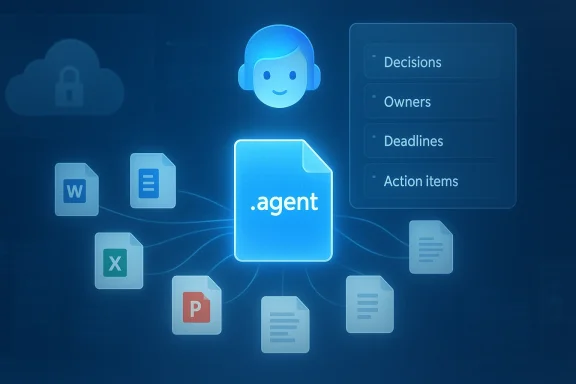 A central .agent file acts as a hub linking Word, Excel, PowerPoint and task items.