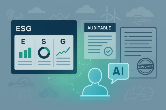 ESG dashboard with charts, an auditable report, and AI-assisted compliance.