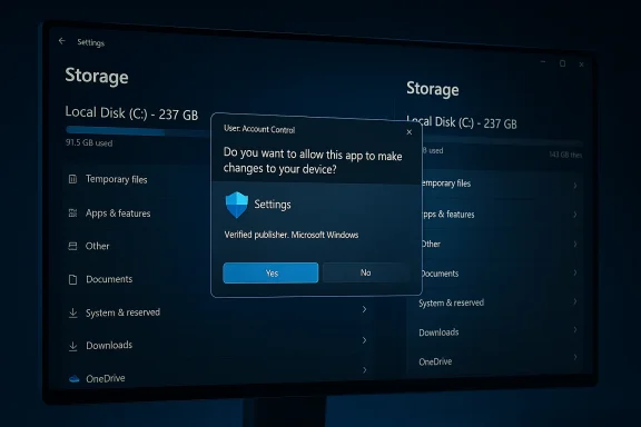 Windows storage settings screen with a UAC prompt asking to allow changes.