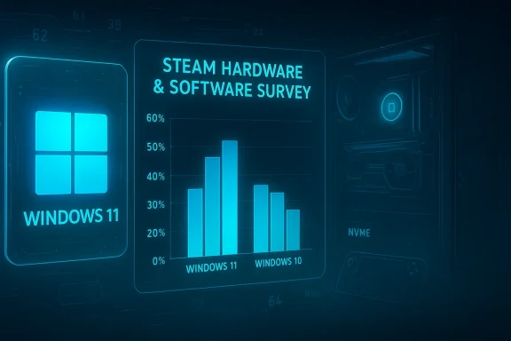 Neon blue Steam hardware survey infographic comparing Windows 11 and Windows 10.