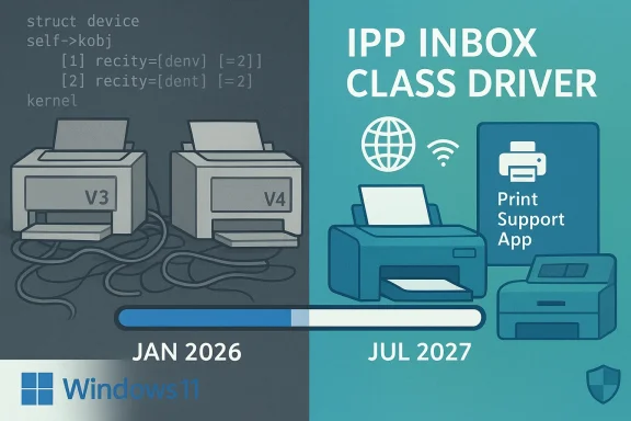 Windows 11 shows legacy V3/V4 printers moving to the IPP InBox Class Driver with a Print Support App.