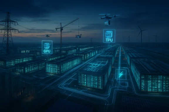 Futuristic data-center campus at dusk with glowing GPU and TPU holograms above blue-lit racks.